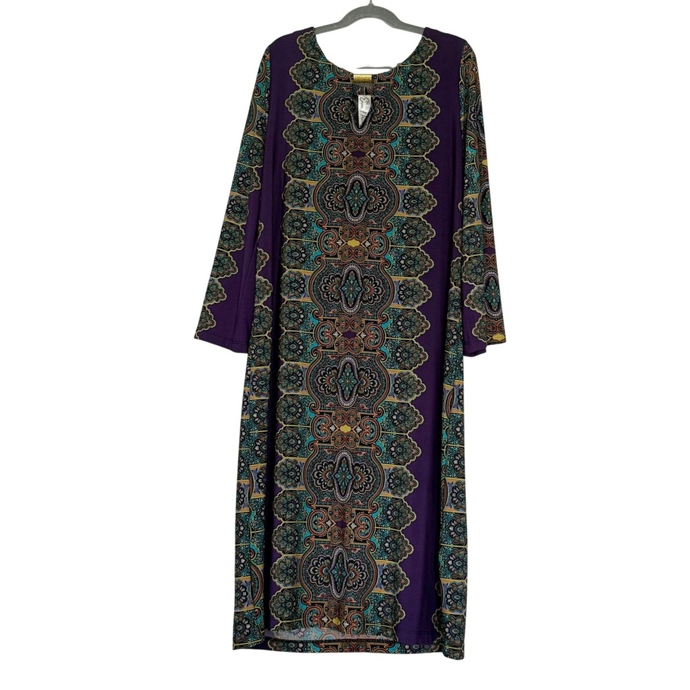 Emma & Michele Shift Dress Women Medium Purple Paisley Medallion Keyhole 3/4 Slv